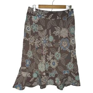 East 5th Brown Floral Linen Blend Ruffle Hem Midi Skirt Size 10 Side Zip Pocket